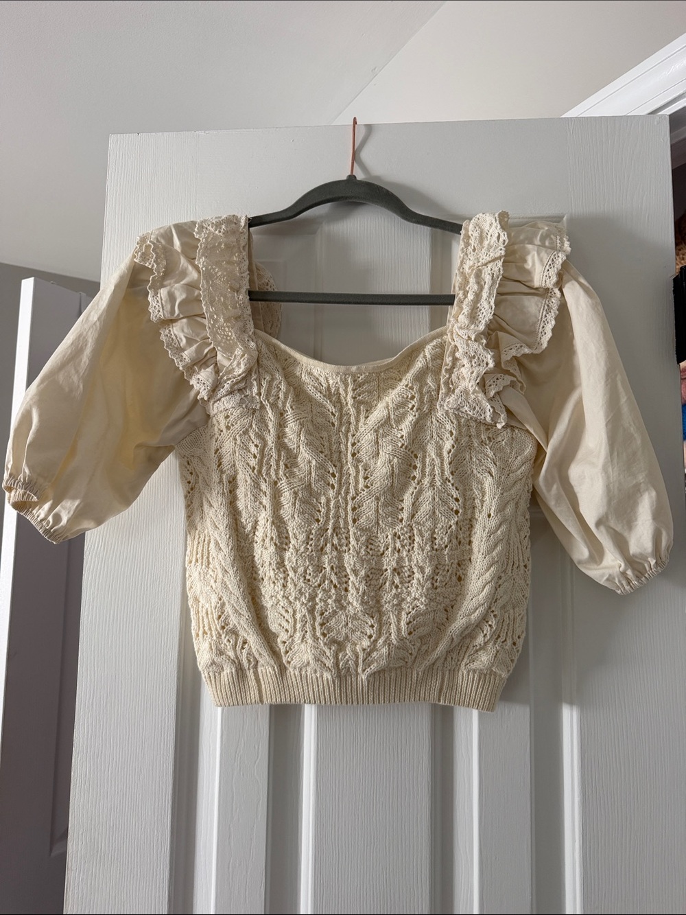 Anthropologie Women's Cream Lace-Trim Knit Puff Sleeve Top